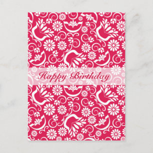 Vintage red floral Happy Birthday Postcard