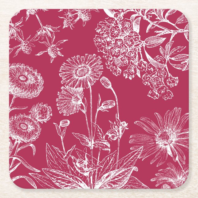 Vintage Red Floral Square Paper Coaster (Front)