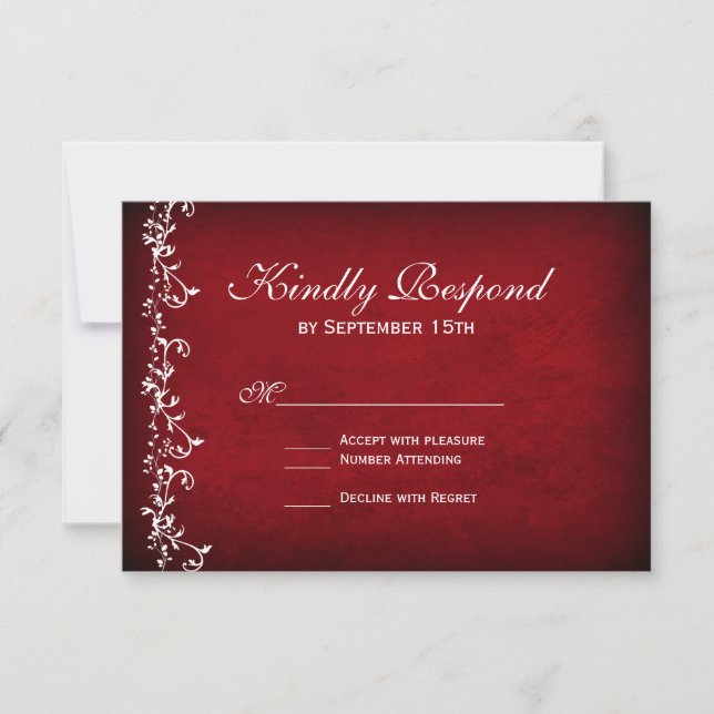 Vintage Red Floral Swirls Wedding RSVP Cards (Front)