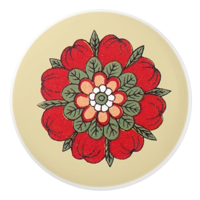 Vintage Red Flower Ceramic Knob (Front)