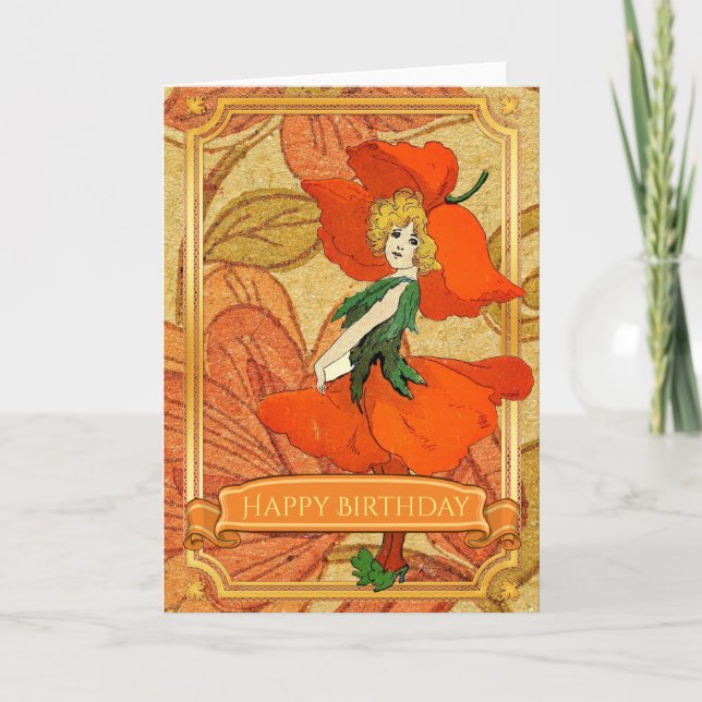 Vintage Red Flower Fairy Happy Birthday Card (Front)