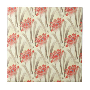 Vintage Red Flowers on Beige Pattern Tile