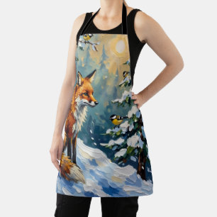 Vintage Red Fox and Chickadees Christmas Painting Apron