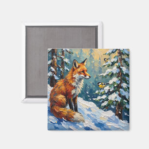 Vintage Red Fox and Chickadees Christmas Painting Magnet