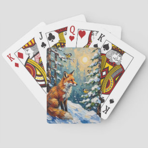Vintage Red Fox and Chickadees Christmas Painting Playing Cards