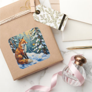 Vintage Red Fox and Chickadees Christmas Painting Square Sticker