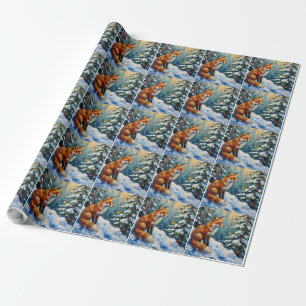 Vintage Red Fox and Chickadees Christmas Painting Wrapping Paper