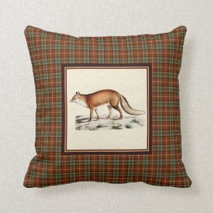 Vintage Red Fox with Rustic Fall Plaid Throw Pillow