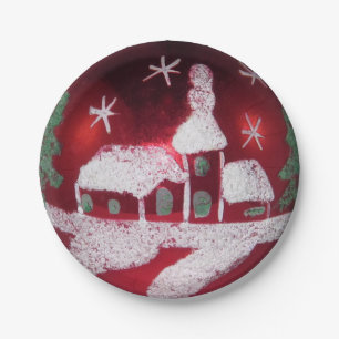 Vintage Red Glass Ball Christmas Snow House Church Paper Plate