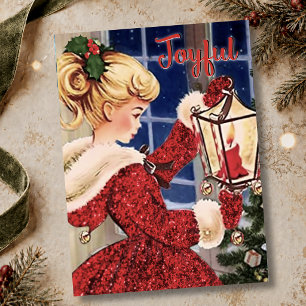 Vintage Red Glitter Christmas Candle Lamp Girl Thank You Card
