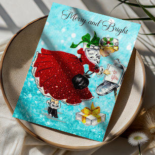 Vintage Red Glitter Christmas Mailbox Girl Thank You Card
