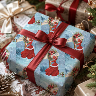 Vintage Red Glitter Snowy Christmas Wreath Girl Wrapping Paper