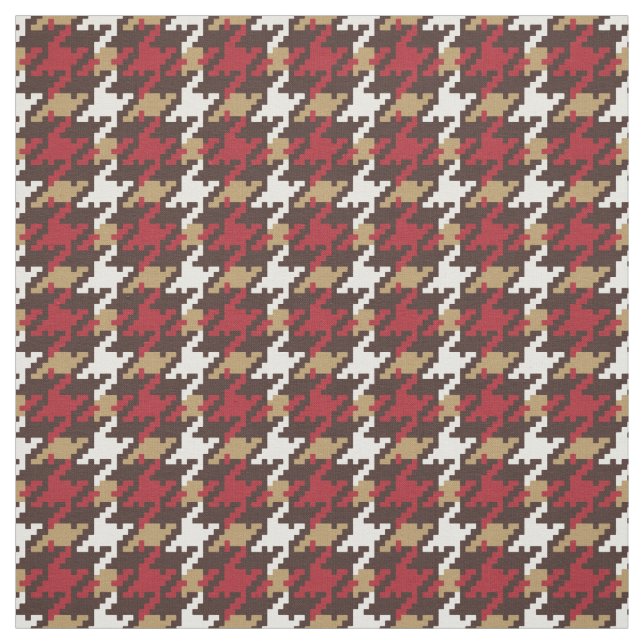 Vintage red gold brown houndstooth plaid pattern fabric (Swatch)