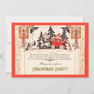 Vintage Red Gold Christmas Carriage in Snow Holiday Card