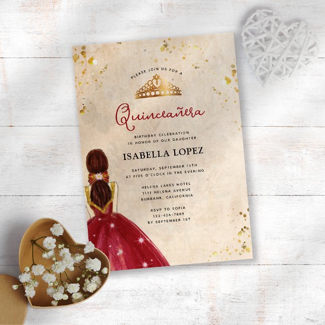 Vintage Red Gold Elegant Dress Quinceañera  Invitation (Creator Uploaded)