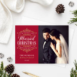 Vintage Red Gold Married Christmas Wedding Photo Holiday Card<br><div class="desc">Elegant "We wish you a Married Christmas and Happy New Year" holiday photo cards for a newlywed couple includes an ornate gold vintage typography design with beautiful scroll detail and custom text you can personalize with a sweet and simple message from the newly married couple. Red background colour. The back...</div>