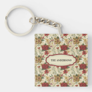 Vintage Red & Gold Poinsettia Floral Custon Name Keychain