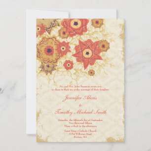 Vintage red gold poppy flowers wedding invitation