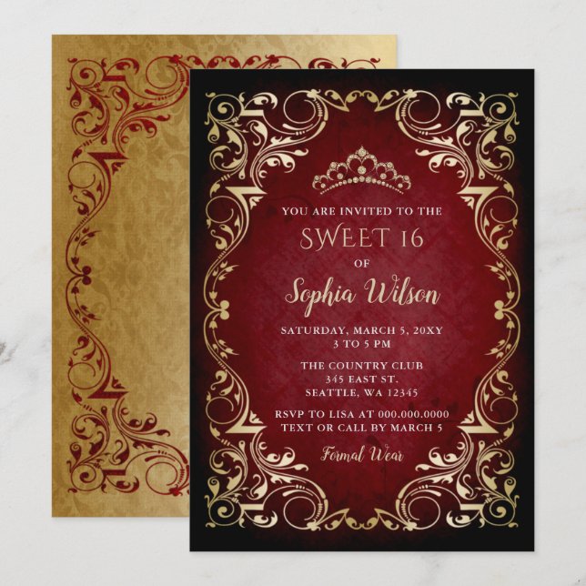Vintage Red Gold Princess Tiara Sweet 16  Invitation (Front/Back)