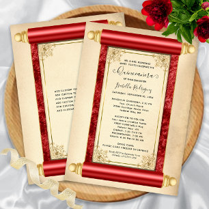 Vintage Red Gold Scroll Elegant Quinceañera Invitation