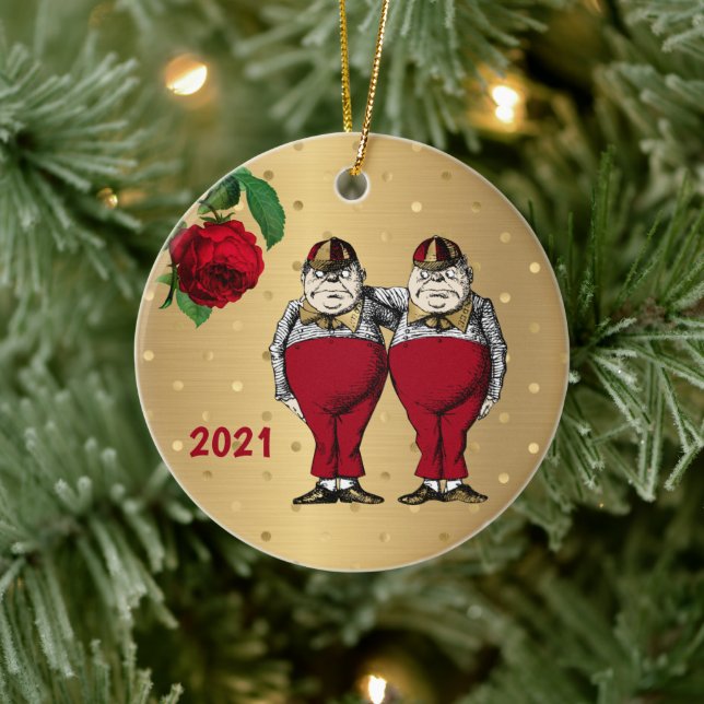Vintage Red Gold Tweedles Christmas Ceramic Ornament (Tree)