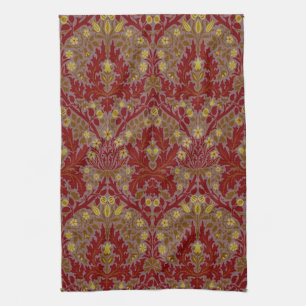Vintage Red Gold William Morris Autumn Flowers Kitchen Towel