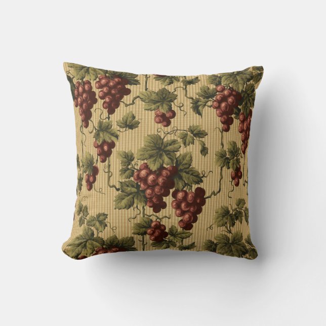 Vintage Red Grapes on Grapevine Pattern Throw Pillow (Front)