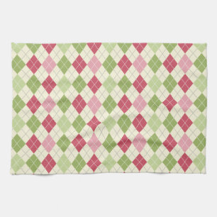 Vintage Red, Green, and Pink Argyle Pattern Kitchen Towel