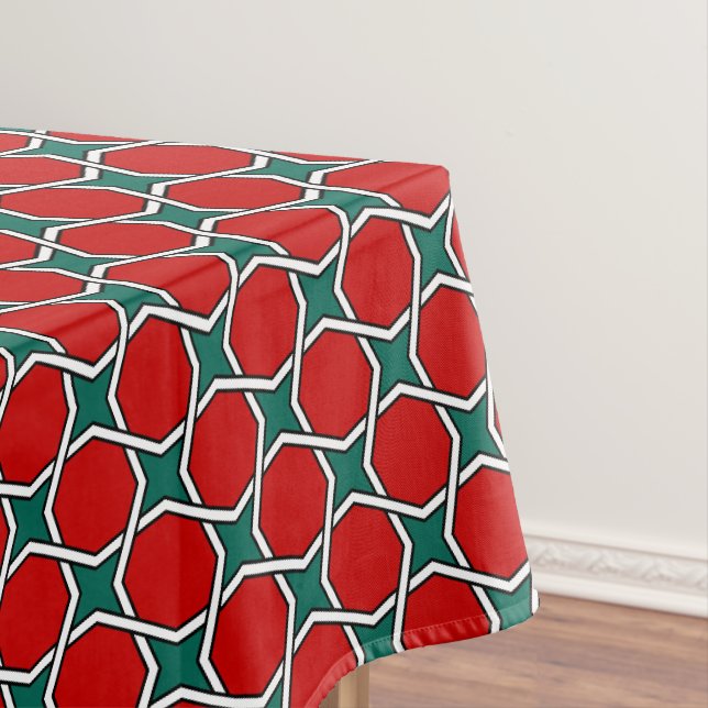 Vintage Red Green Arabic Egypt Geometric Pattern Tablecloth (In Situ)