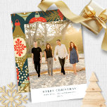 Vintage Red Green Christmas Ornament Photo Flat Holiday Card<br><div class="desc">This vintage aesthetic vertical holiday card features your photo surrounded by a colourful red and green ornament pattern and a trendy script typography.</div>