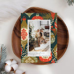 Vintage Red Green Christmas Ornaments Custom Photo Holiday Card<br><div class="desc">This vintage aesthetic holiday card features your photo surrounded by a colourful red and green ornament pattern and a trendy script typography.</div>