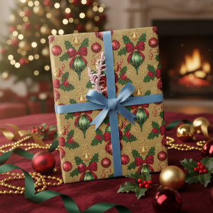 Vintage Red Green Christmas Ornaments Wrapping Paper