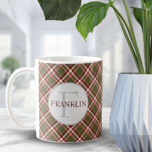 Vintage Red Green Classic Plaid Monogram Coffee Mug