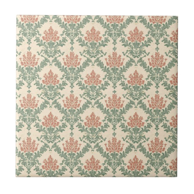 Vintage Red Green Damask Pattern Tile (Front)