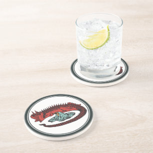 Vintage Red Green Dragon Lady Vector Art Nouveau Coaster