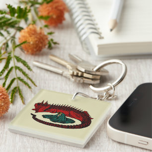 Vintage Red Green Dragon Lady Vector Art Nouveau Keychain