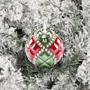 Vintage Red Green Faux Diamond Jewel Gem Initial Metal Ornament