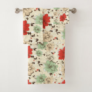 Vintage Red Green Floral Design Bath Towel Set