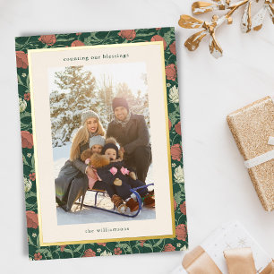 Vintage Red Green Floral Gold Christmas Blessings Foil Holiday Card