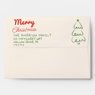 Vintage Red Green Hand Drawn Merry Christmas Tree Envelope