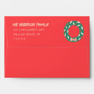 Vintage Red Green Hand Made Bow Wreath Christmas Envelope