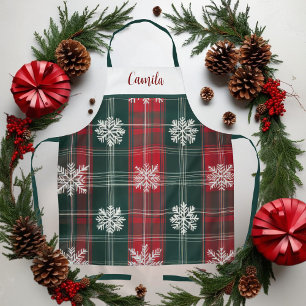 Vintage Red & Green plaid Snowflakes Personalized Apron