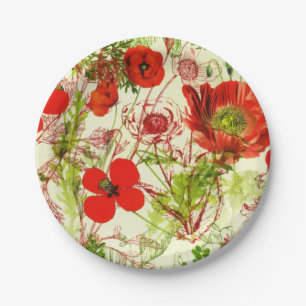 Vintage Red Green Poppies Summer Wildflowers Paper Plate