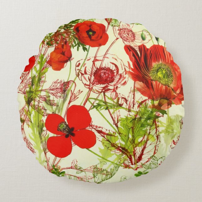 Vintage Red Green Poppies Summer Wildflowers Round Pillow (Front)