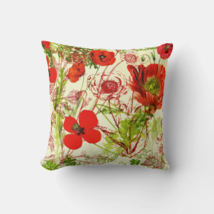 Vintage Red Green Poppies Summer Wildflowers Throw Pillow