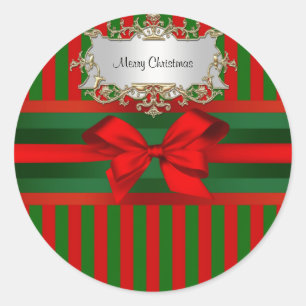 Vintage Red & Green Stripe Ribbon Christmas Classic Round Sticker