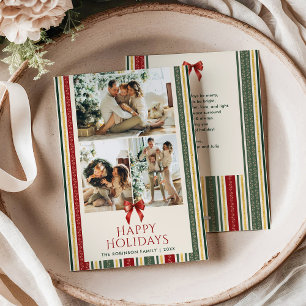 Vintage Red Green Stripes Merry Christmas 3 Photo Holiday Card