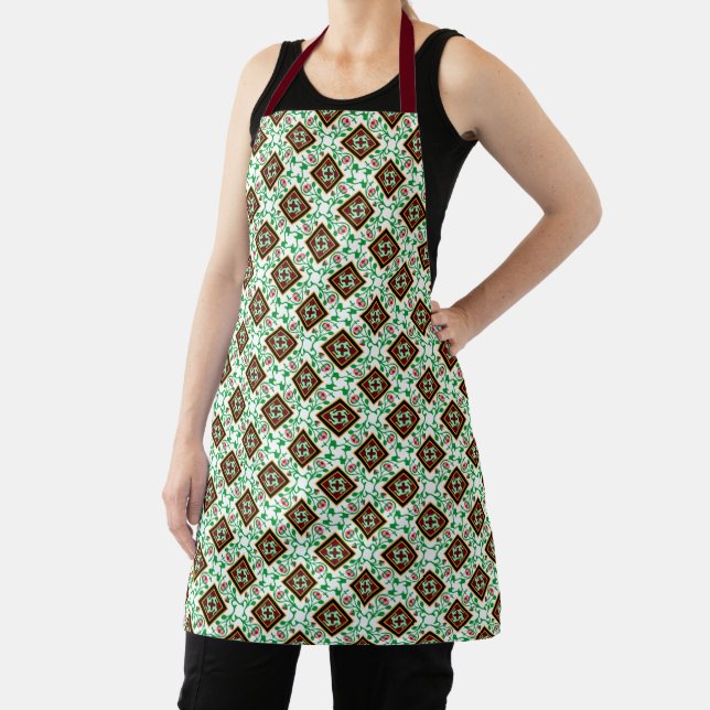 Vintage Red Green White Barcelona Floral Apron (Insitu)