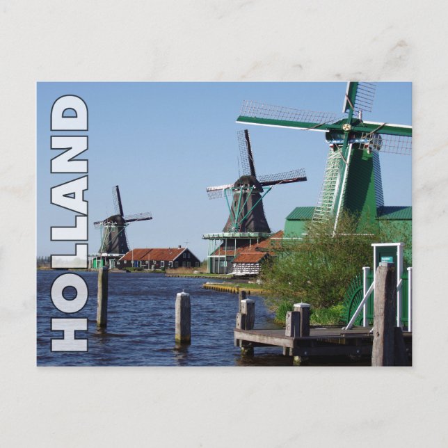 Vintage Red Green Zaanse Schans Dutch Windmills Postcard (Front)