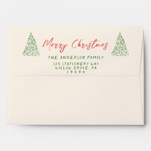 Vintage Red Hand Drawn Bow Trees Merry Christmas Envelope (Back (Top Flap))